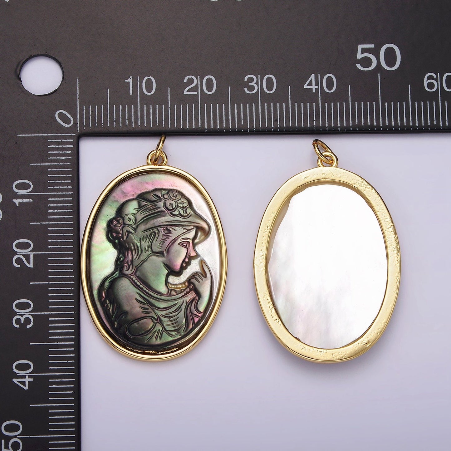 14K Gold Filled Women Lady Face Portrait Cameo Natural Abalone Pearl Bezel Oval Charm | AG517