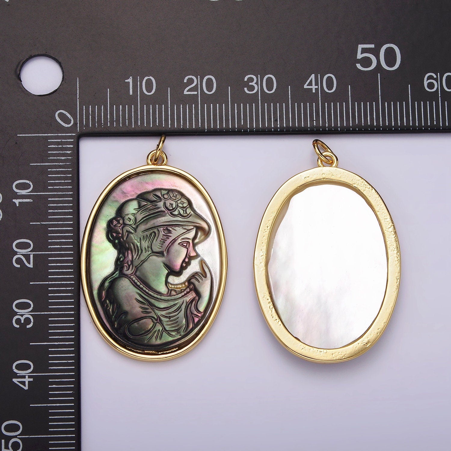 14K Gold Filled Women Lady Face Portrait Cameo Natural Abalone Pearl Bezel Oval Charm | AG517