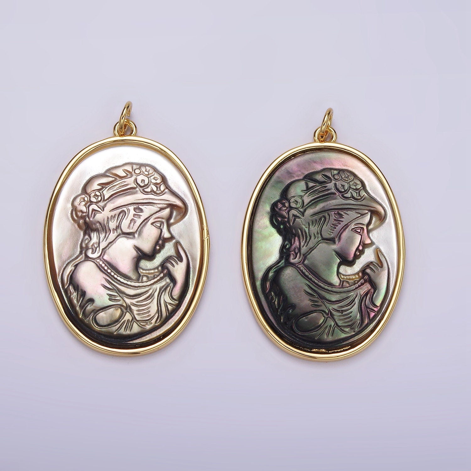 14K Gold Filled Women Lady Face Portrait Cameo Natural Abalone Pearl Bezel Oval Charm | AG517