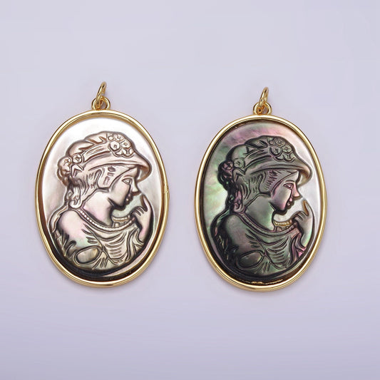 14K Gold Filled Women Lady Face Portrait Cameo Natural Abalone Pearl Bezel Oval Charm | AG517