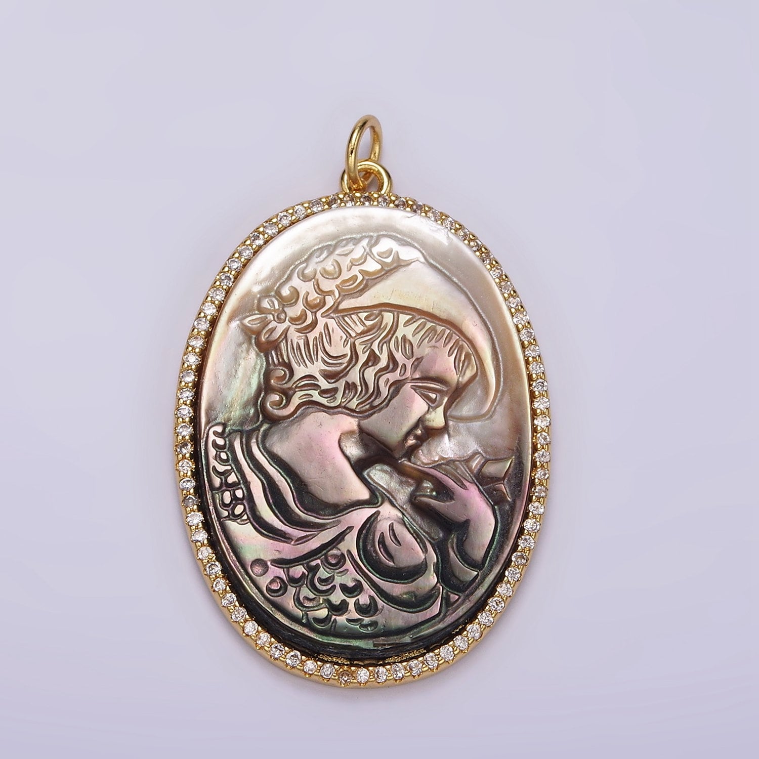 14K Gold Filled Face Portrait Cameo Natural Abalone Pearl Oval Micro Paved CZ Charm | AG518