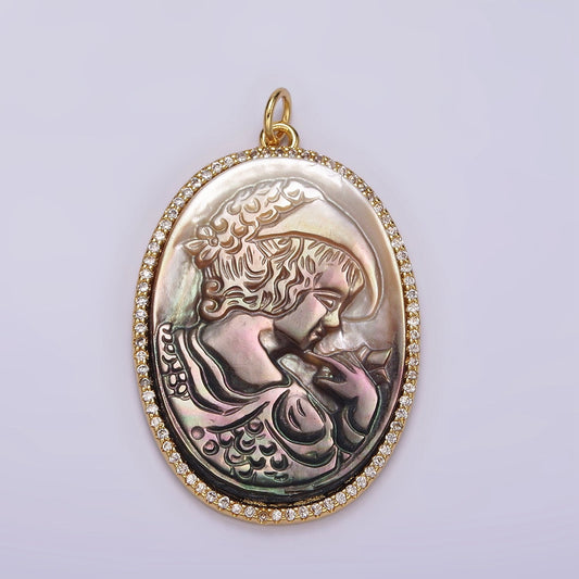 14K Gold Filled Face Portrait Cameo Natural Abalone Pearl Oval Micro Paved CZ Charm | AG518