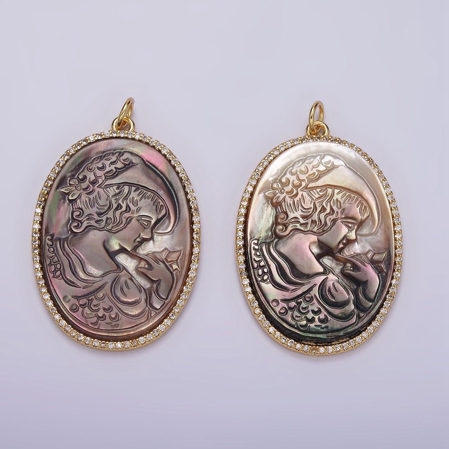 14K Gold Filled Face Portrait Cameo Natural Abalone Pearl Oval Micro Paved CZ Charm | AG518