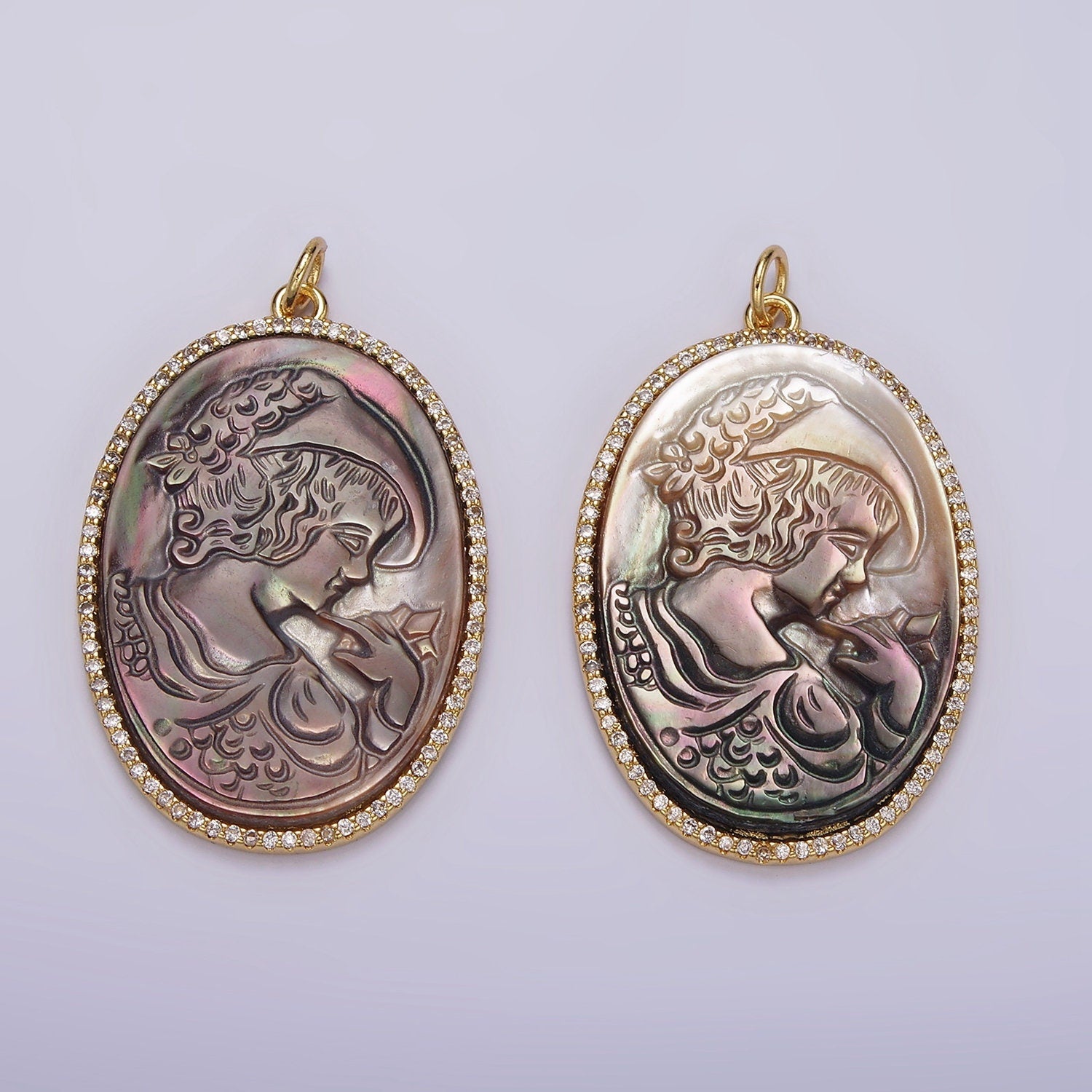 14K Gold Filled Face Portrait Cameo Natural Abalone Pearl Oval Micro Paved CZ Charm | AG518