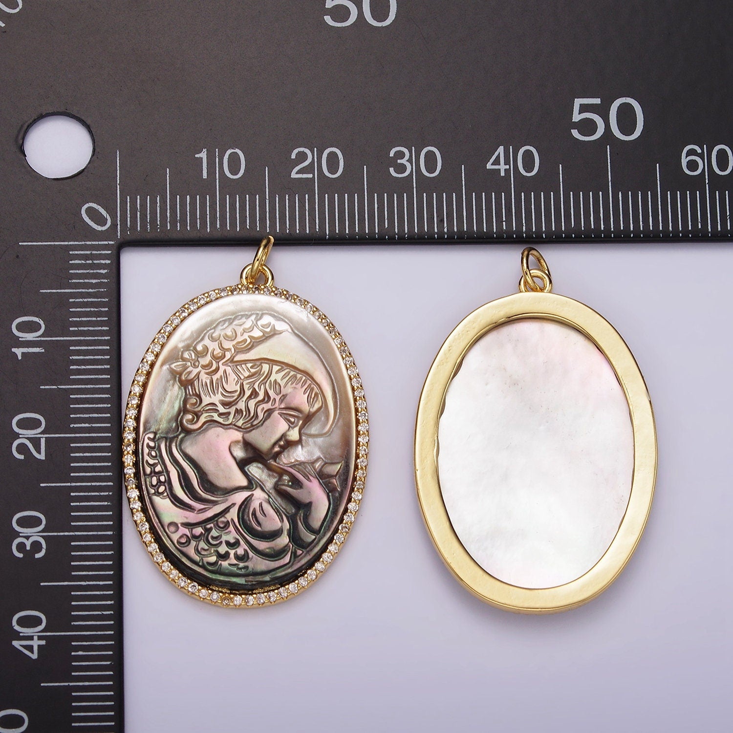 14K Gold Filled Face Portrait Cameo Natural Abalone Pearl Oval Micro Paved CZ Charm | AG518