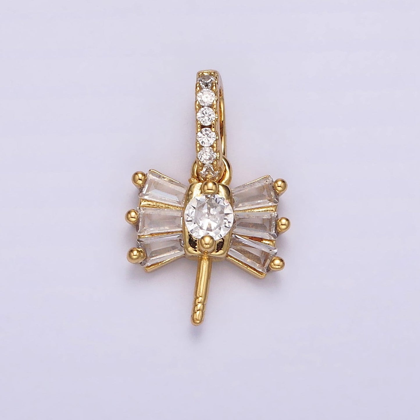 Gold Peg Bail Caps for Half Drilled Pearls and Beads CZ Baguette Bead Caps with Peg with CZ Stone Z-506