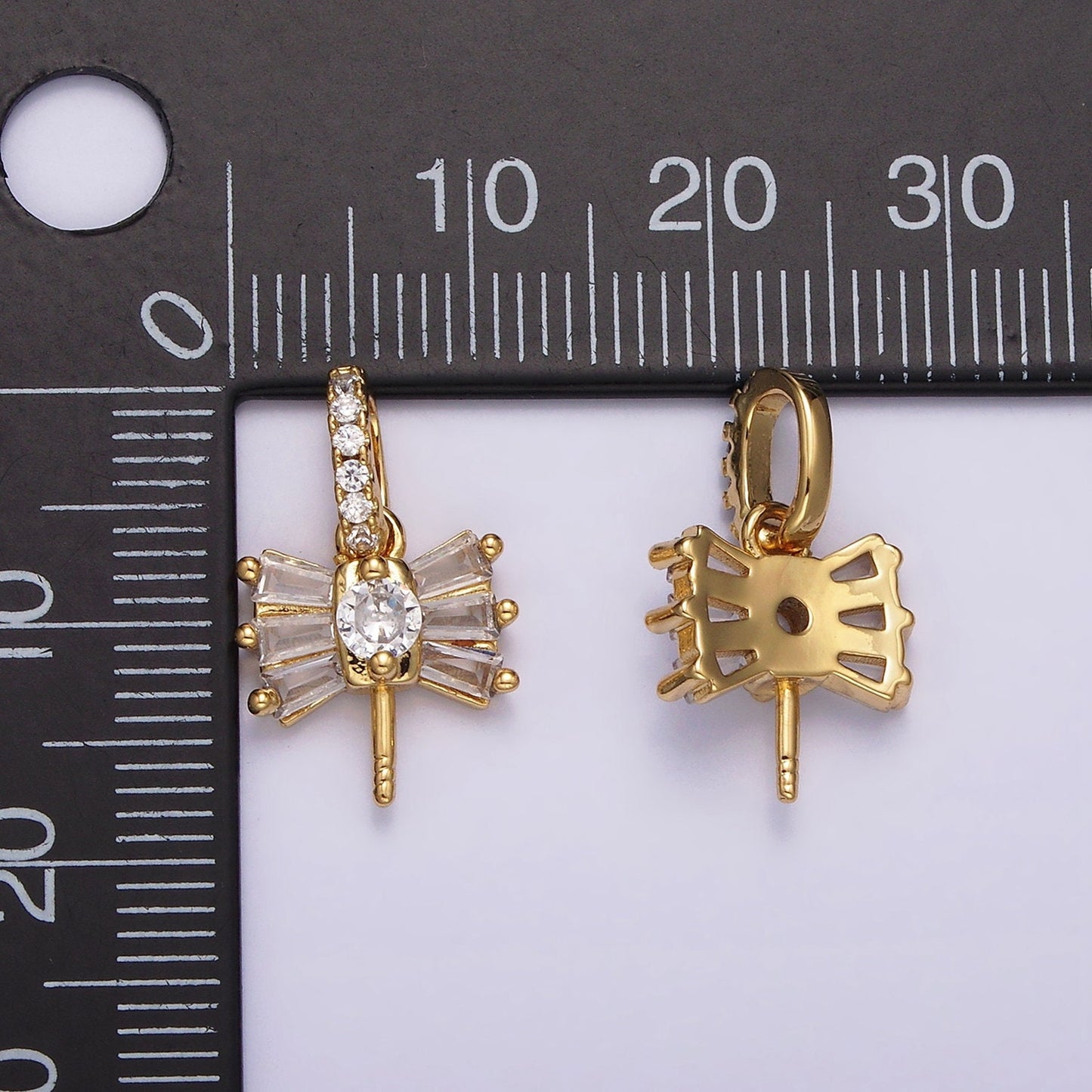 Gold Peg Bail Caps for Half Drilled Pearls and Beads CZ Baguette Bead Caps with Peg with CZ Stone Z-506