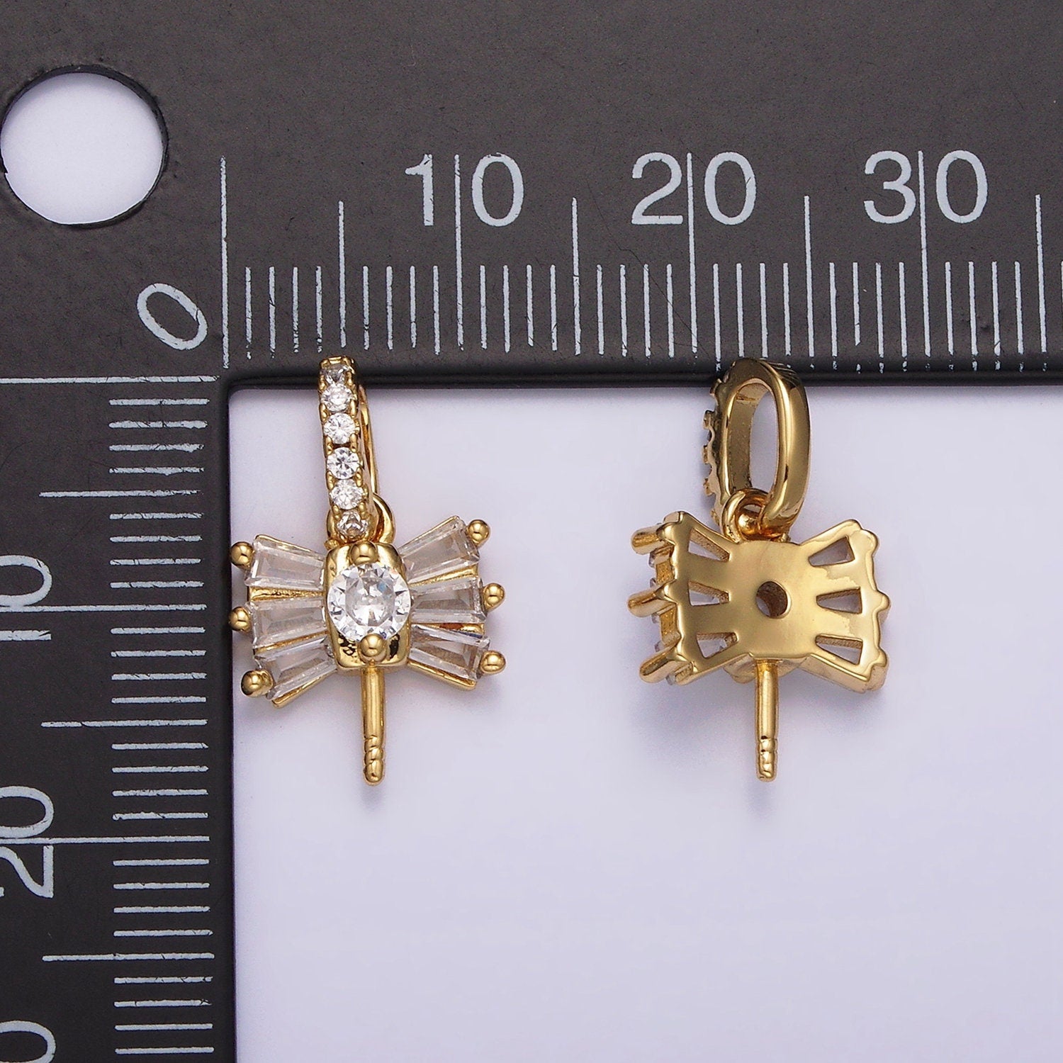 Gold Peg Bail Caps for Half Drilled Pearls and Beads CZ Baguette Bead Caps with Peg with CZ Stone Z-506