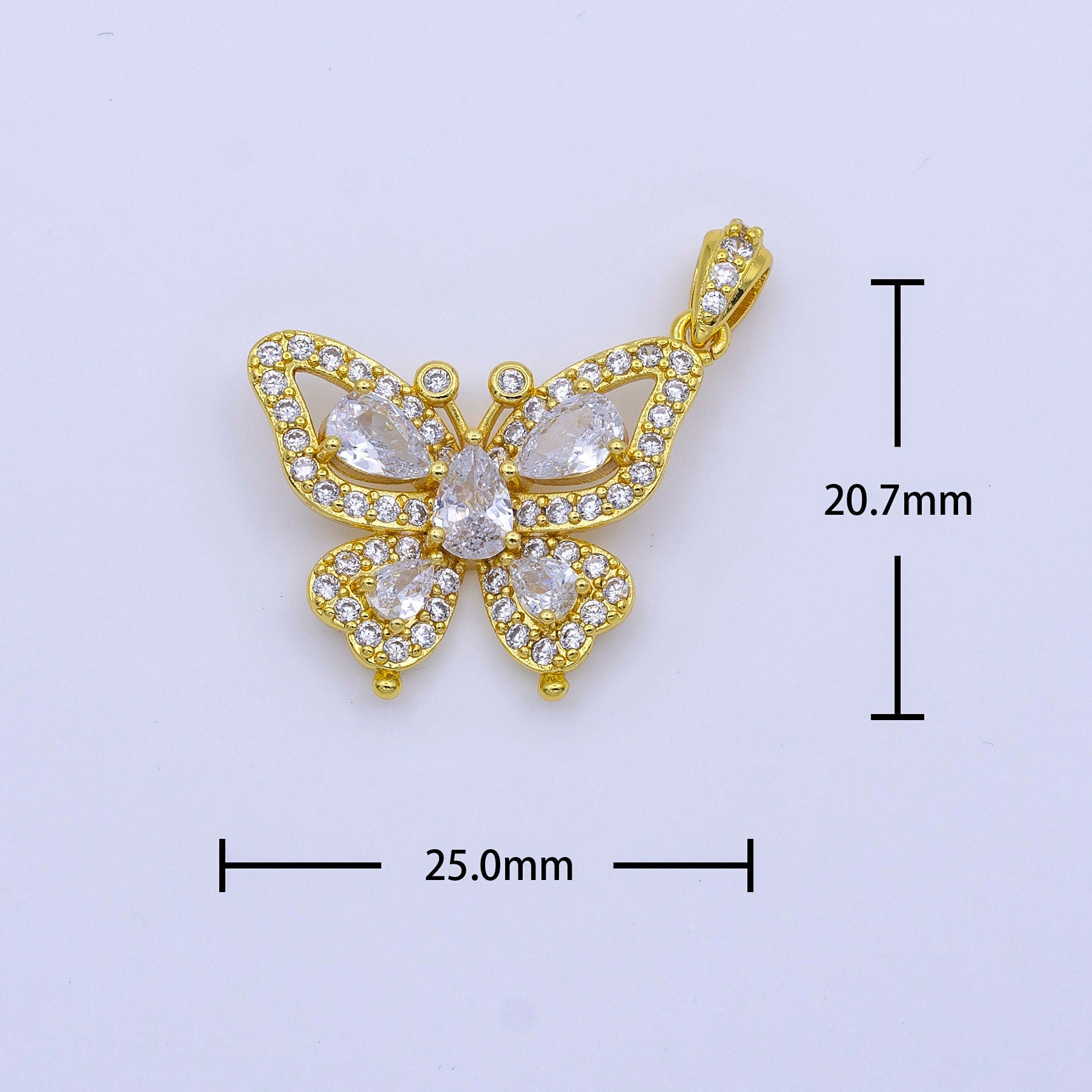 24K Gold Filled Butterfly Mariposa Wings Micro Paced Teardrop CZ Pendant | AA756