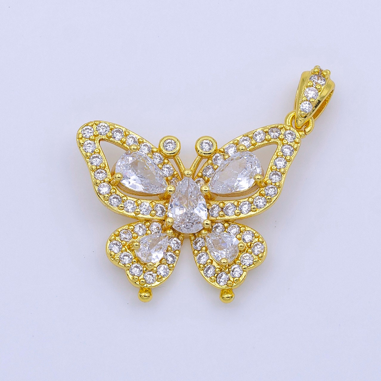 24K Gold Filled Butterfly Mariposa Wings Micro Paced Teardrop CZ Pendant | AA756