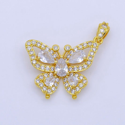 24K Gold Filled Butterfly Mariposa Wings Micro Paced Teardrop CZ Pendant | AA756