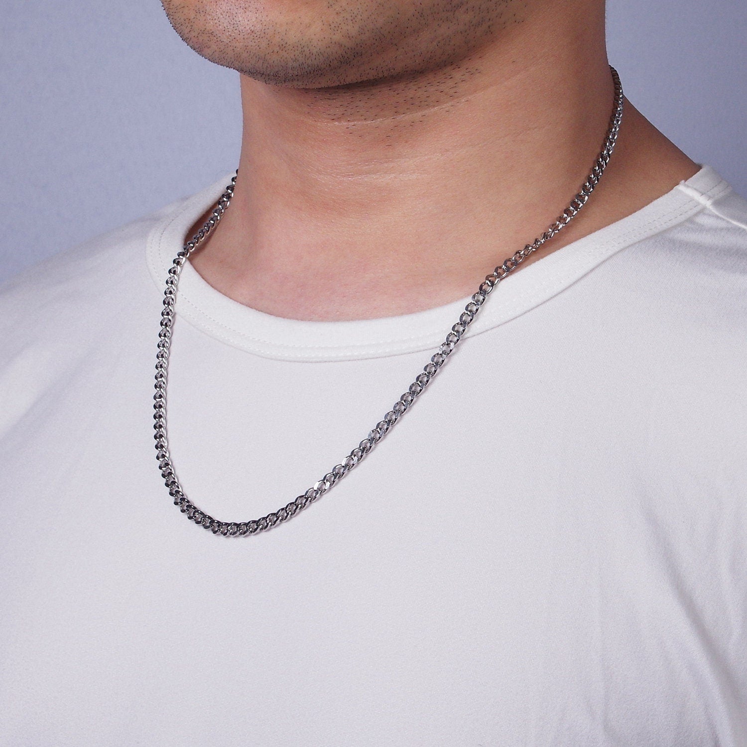 4mm Wide Stainless Steel Chain - 21.6", 23.6" Men's/Unisex Silver Cuban Link Chains Necklace WA2143 WA2144 WA2145 WA2146