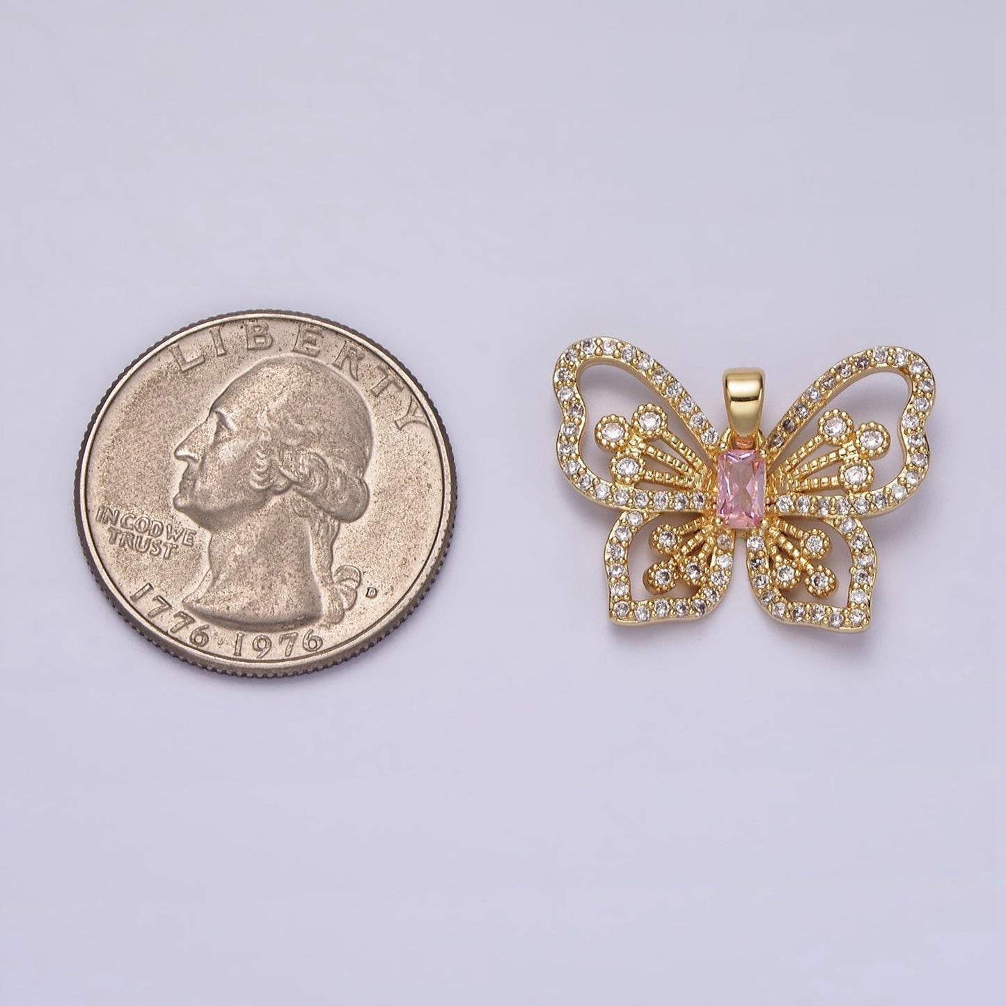 24K Gold Filled Dainty Virgin Mary Butterfly Pendant with Pink CZ Baguette Stone, Monarch Mariposa Charm | AH047