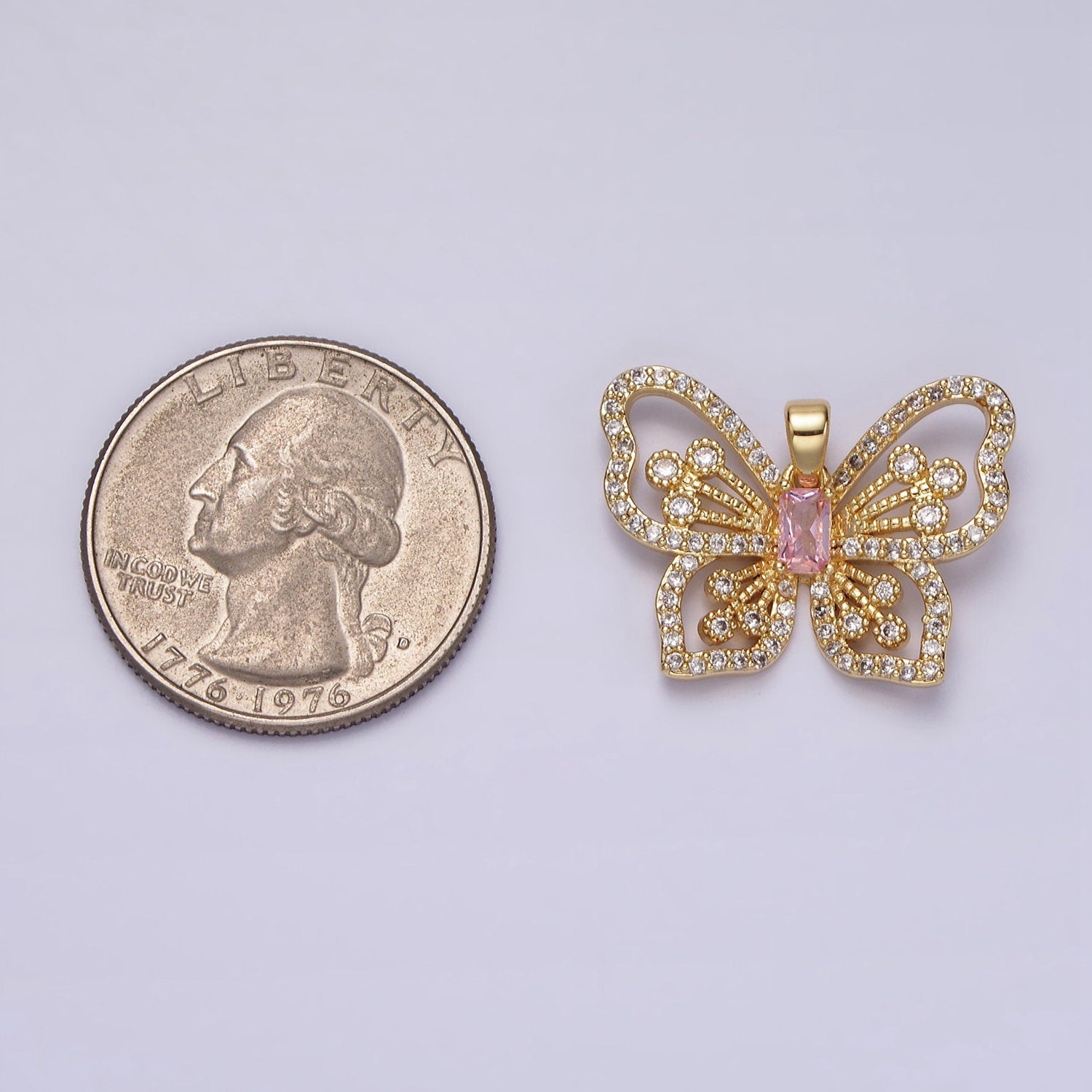 24K Gold Filled Dainty Virgin Mary Butterfly Pendant with Pink CZ Baguette Stone, Monarch Mariposa Charm | AH047