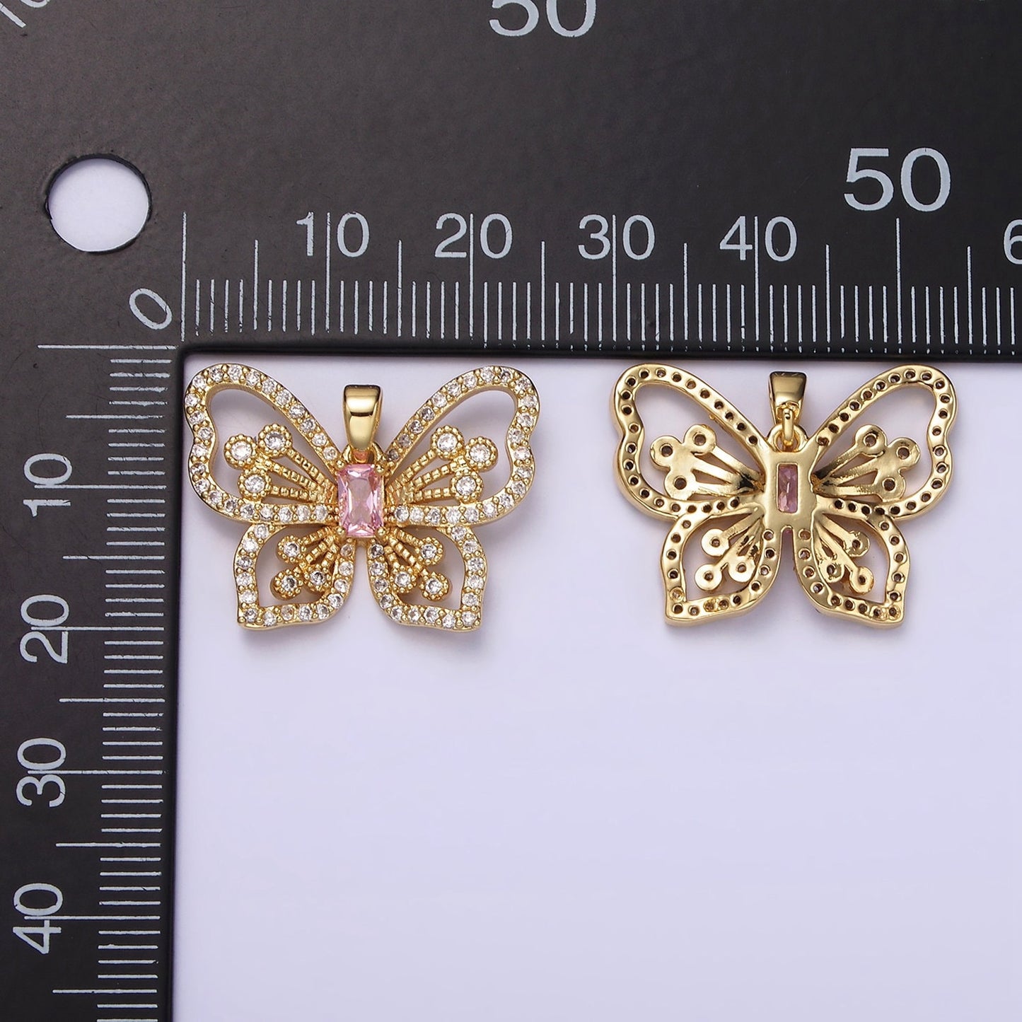 24K Gold Filled Dainty Virgin Mary Butterfly Pendant with Pink CZ Baguette Stone, Monarch Mariposa Charm | AH047
