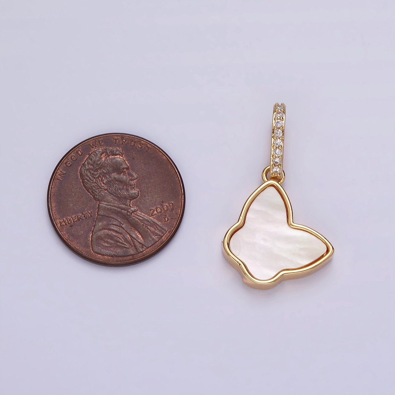 Dainty Gold Pearl Butterfly Pendant, 24K Gold Filled Monarch Charm Shell Pearl Mariposa Butterfly Charm with CZ Bail | AH-054