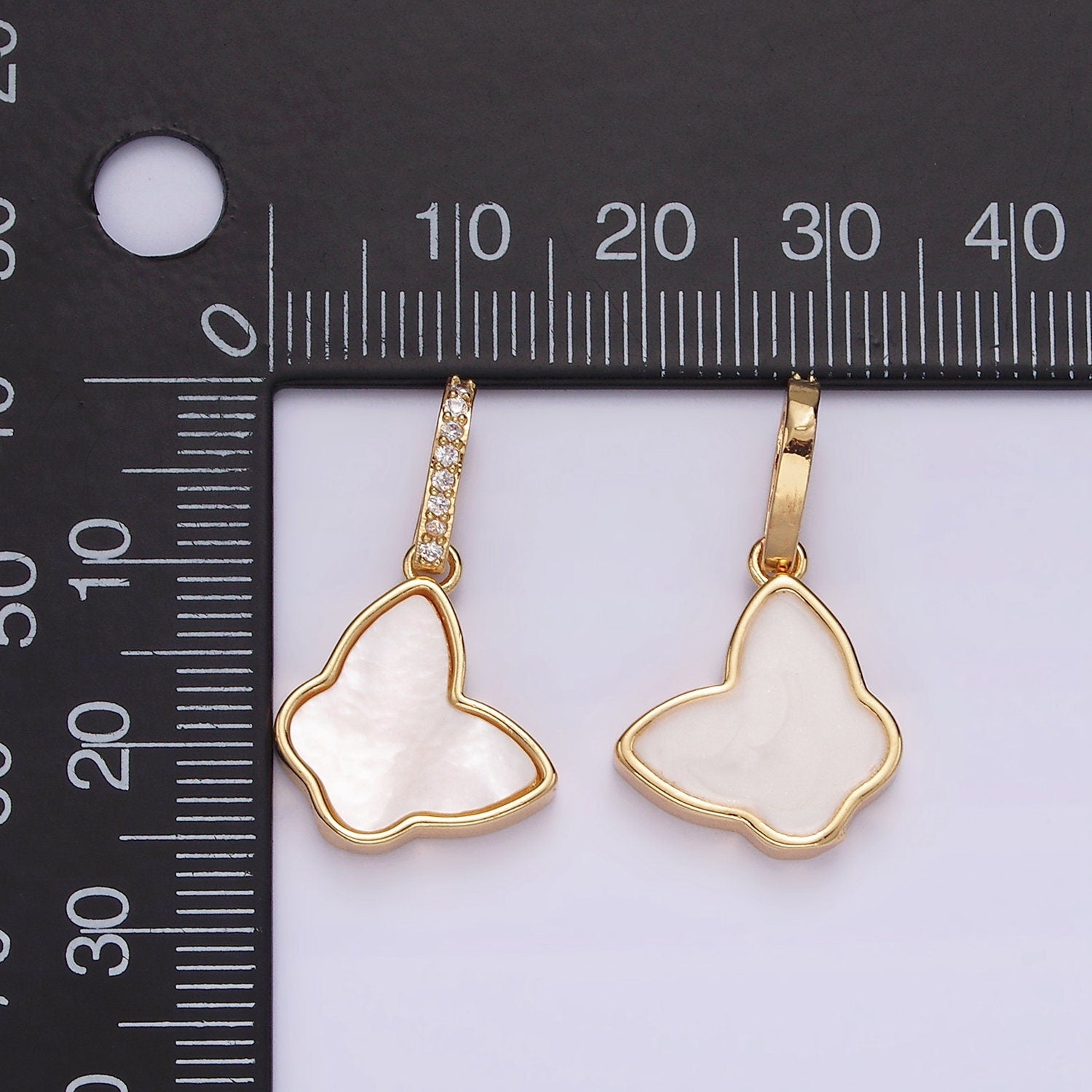 Dainty Gold Pearl Butterfly Pendant, 24K Gold Filled Monarch Charm Shell Pearl Mariposa Butterfly Charm with CZ Bail | AH-054