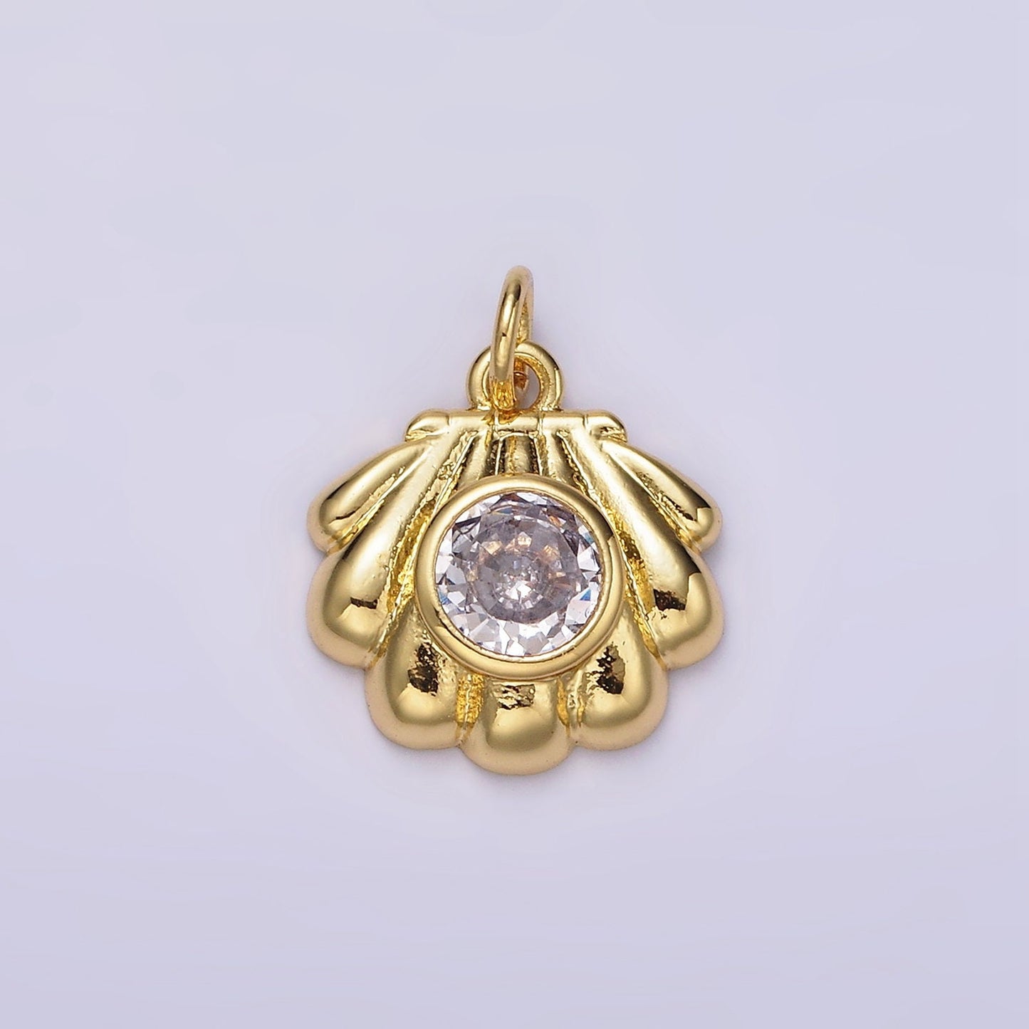 14K Gold Filled 19x14.6mm Sea Shell Clam with Clear CZ Stone for Beach Inspired Add-On Charm | AG-527