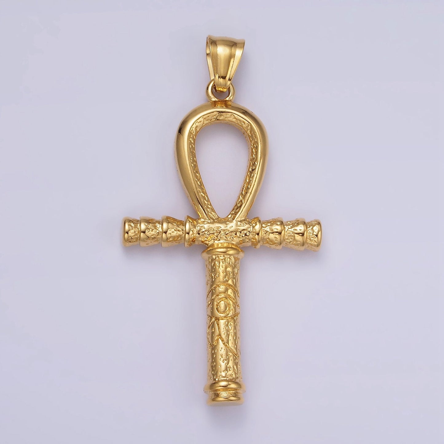 Gold Stainless Steel 64mm Eye of Ra Engraved Egyptian Ankh Cross Pendant | P1066