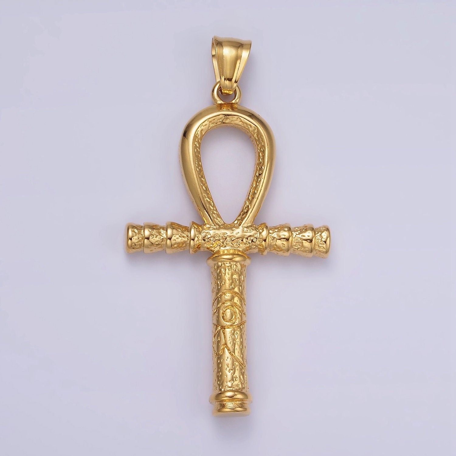 Gold Stainless Steel 64mm Eye of Ra Engraved Egyptian Ankh Cross Pendant | P1066