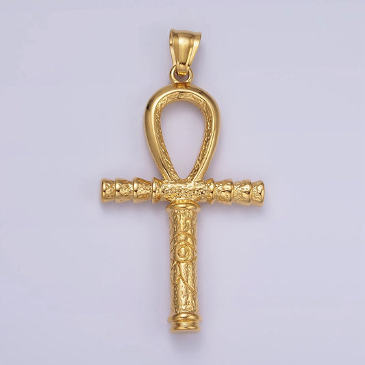 Gold Stainless Steel 64mm Eye of Ra Engraved Egyptian Ankh Cross Pendant | P1066