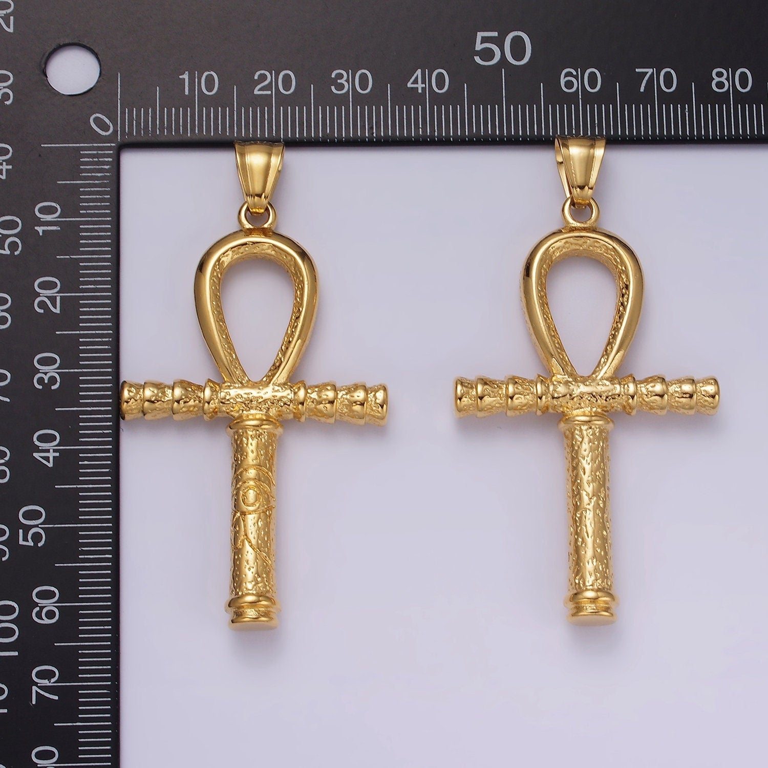 Gold Stainless Steel 64mm Eye of Ra Engraved Egyptian Ankh Cross Pendant | P1066