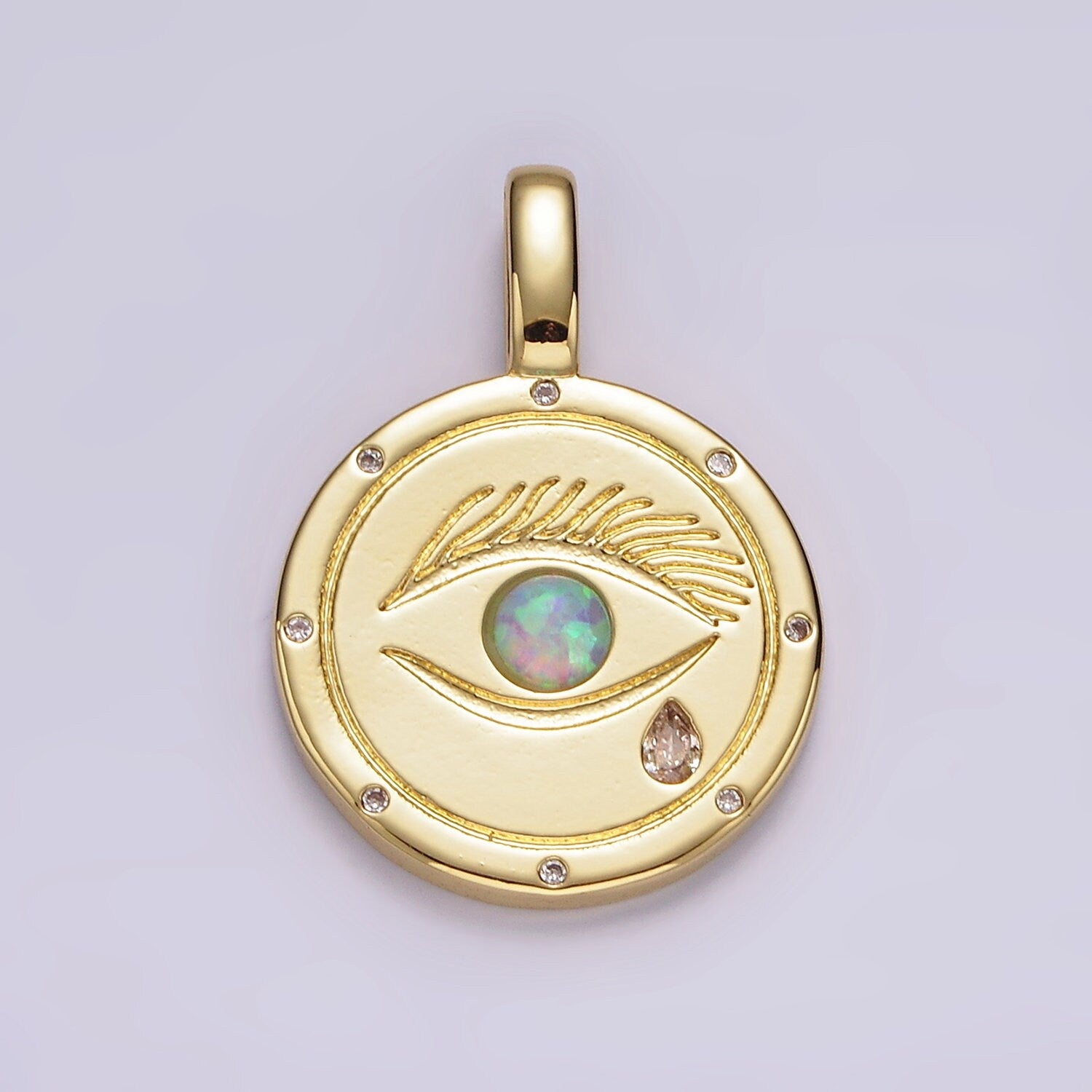 14K Gold Filled White, Blue Opal Eyes Teardrop CZ Dotted Outline Pendant | AH036 AH037