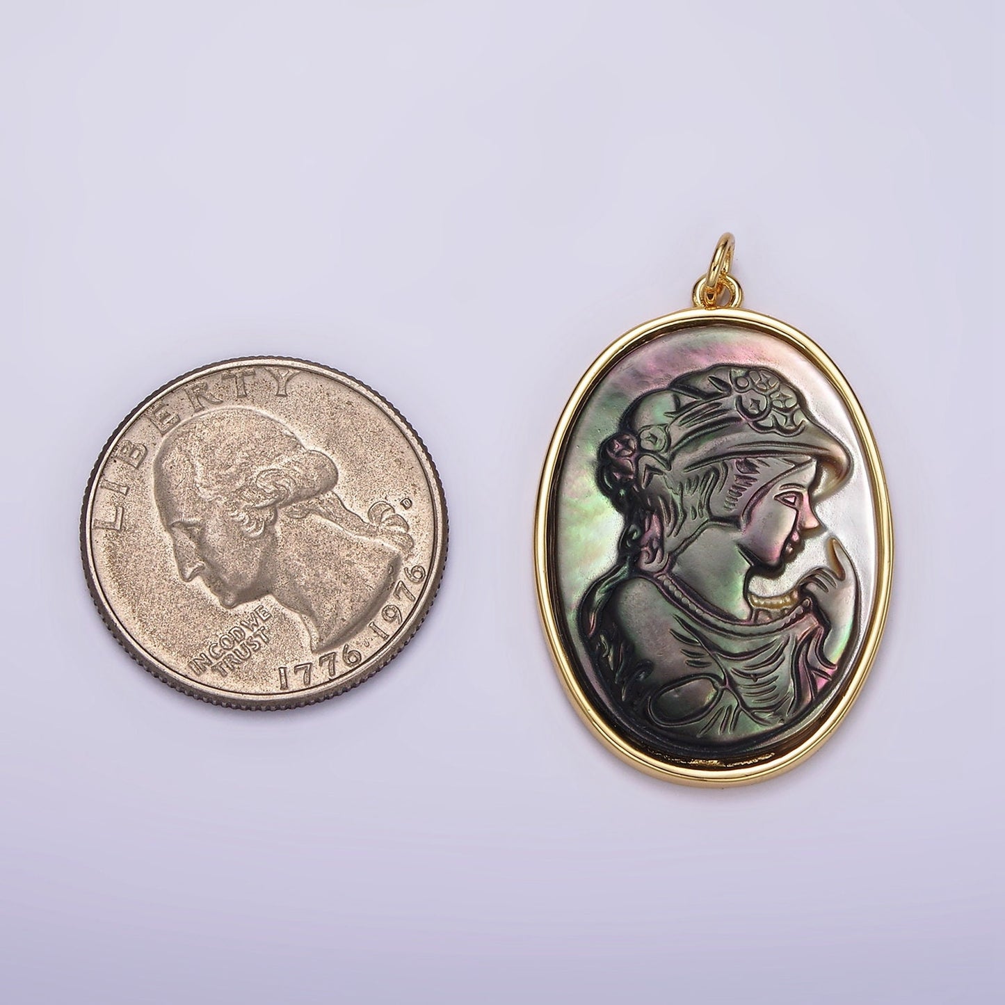14K Gold Filled Women Lady Face Portrait Cameo Natural Abalone Pearl Bezel Oval Charm | AG517