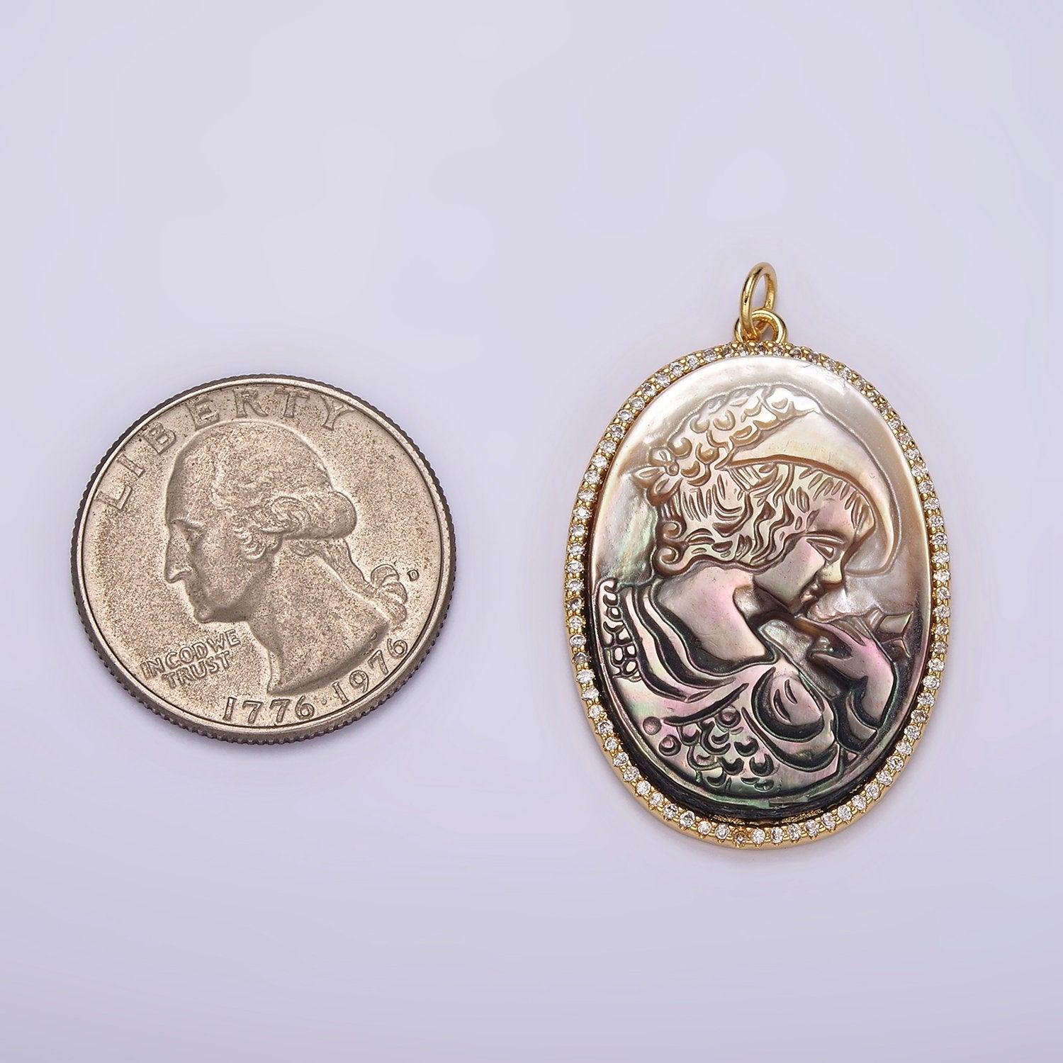 14K Gold Filled Face Portrait Cameo Natural Abalone Pearl Oval Micro Paved CZ Charm | AG518
