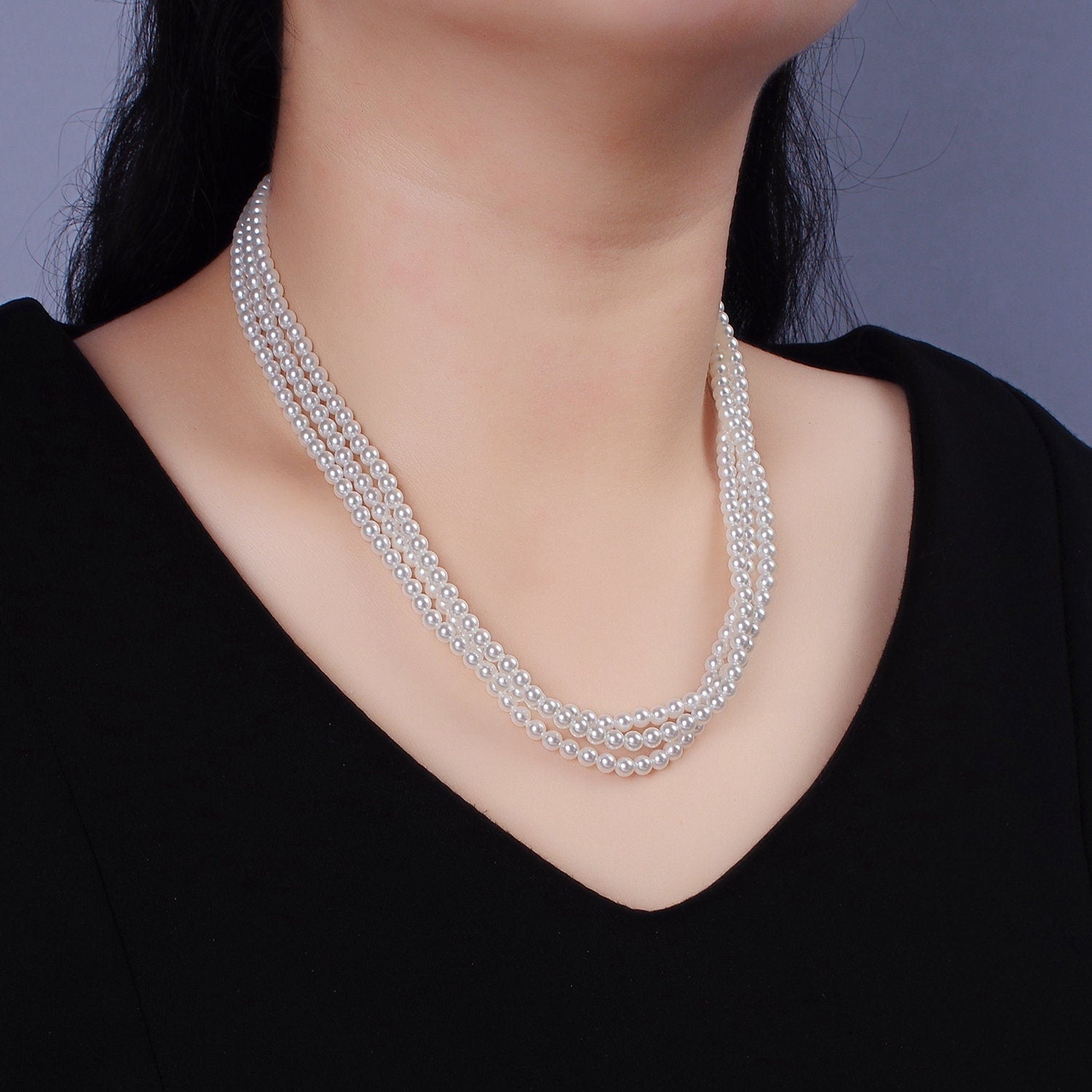 Gold White Pearl Triple Layer Round Shell Pearl 17 Inch Layering Necklace with Extender for Bridal Jewelry Inspired Pearlcore | WA-2318