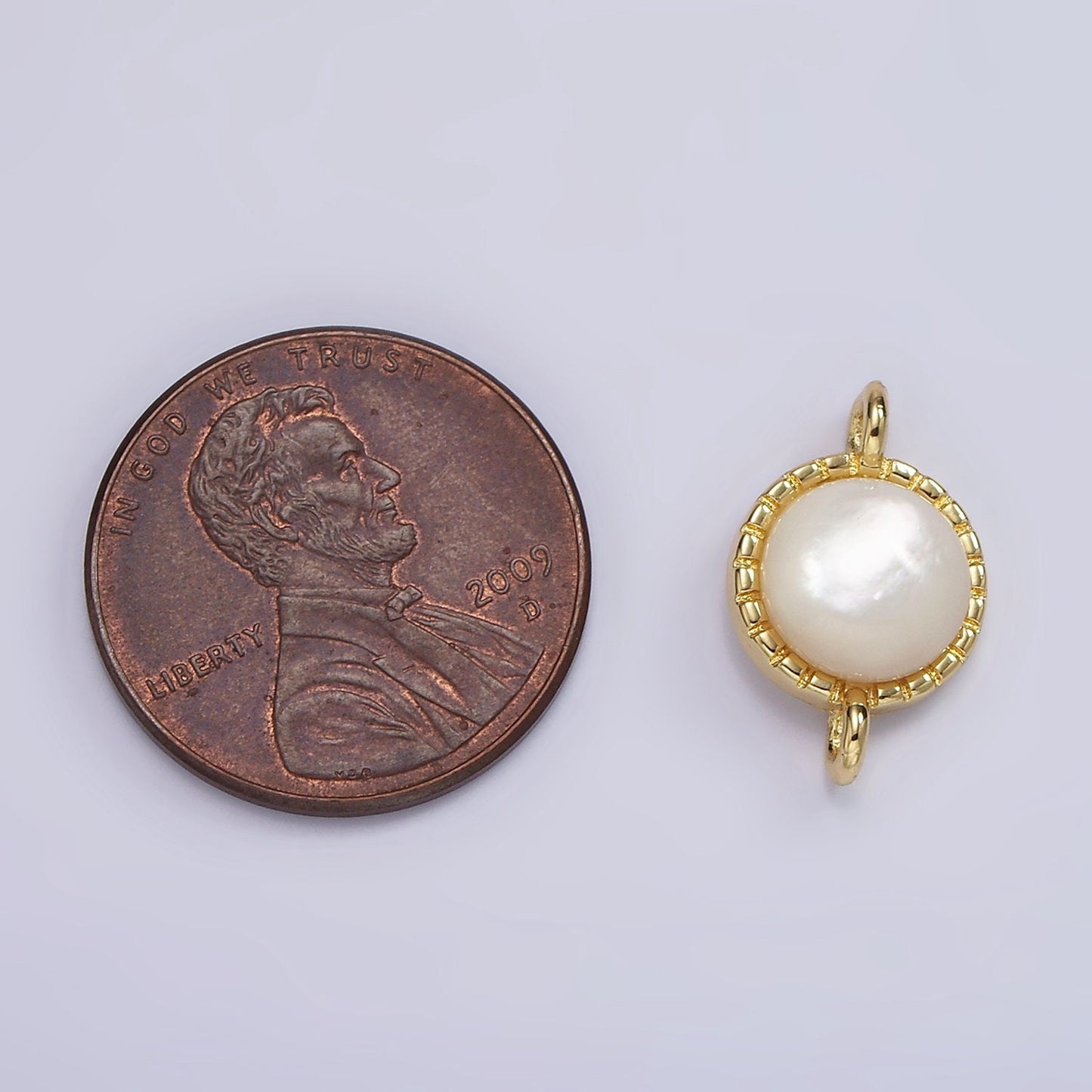 14K Gold Filled Shell Pearl Dotted Bezel Round Connector | G226