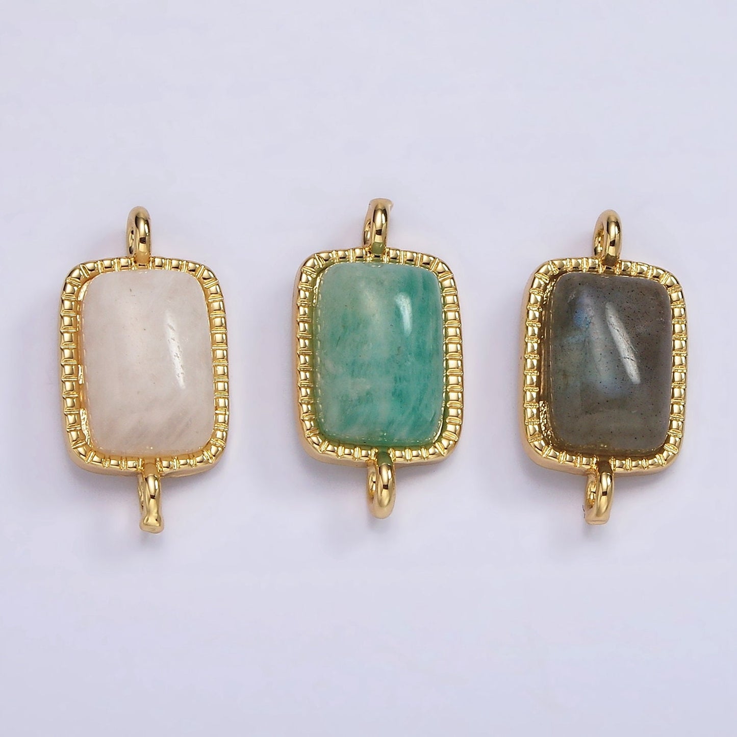 14K Gold Filled Amazonite, Moonstone, Labradorite Dotted Bezel Rectangular Connector | G219 - G221