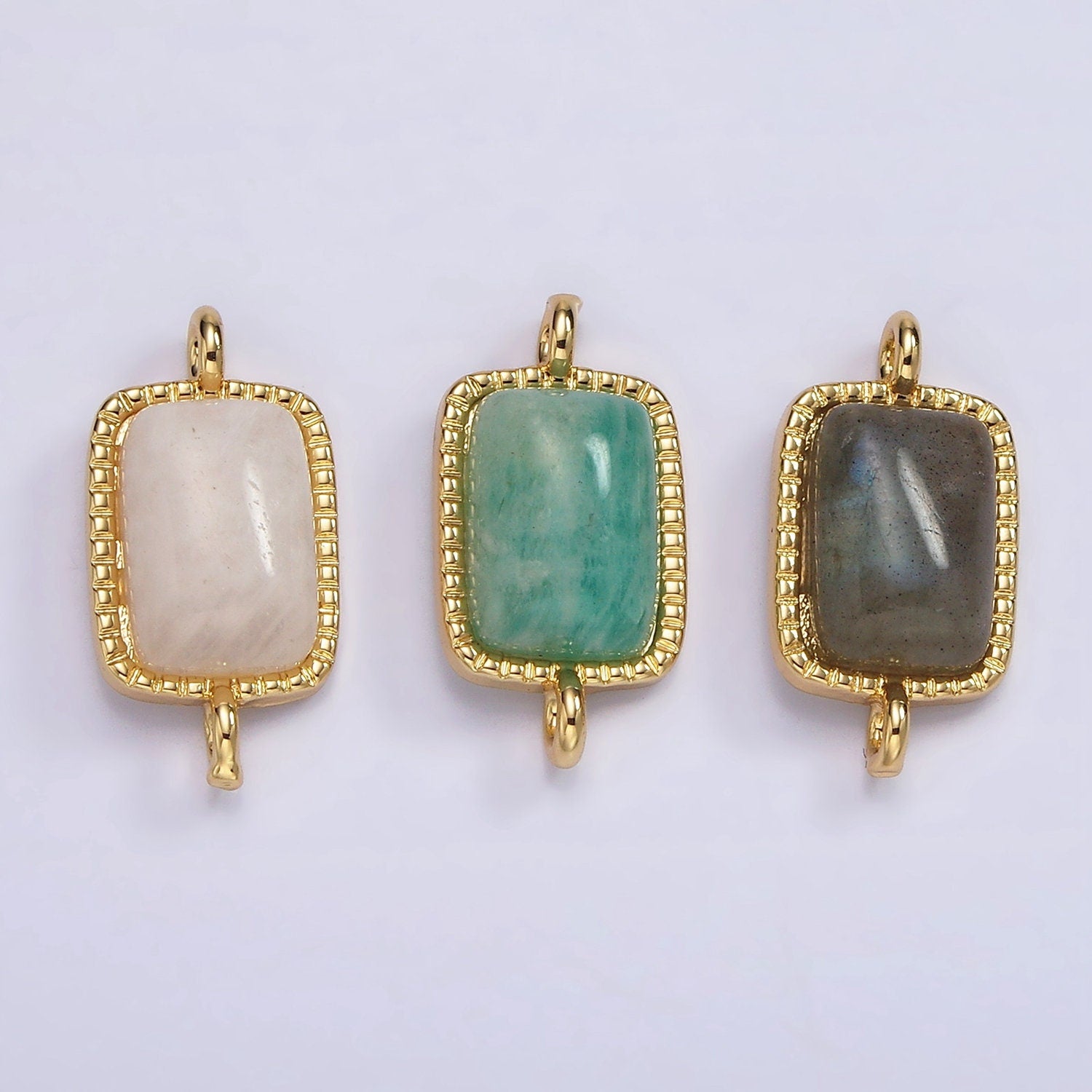 14K Gold Filled Amazonite, Moonstone, Labradorite Dotted Bezel Rectangular Connector | G219 - G221