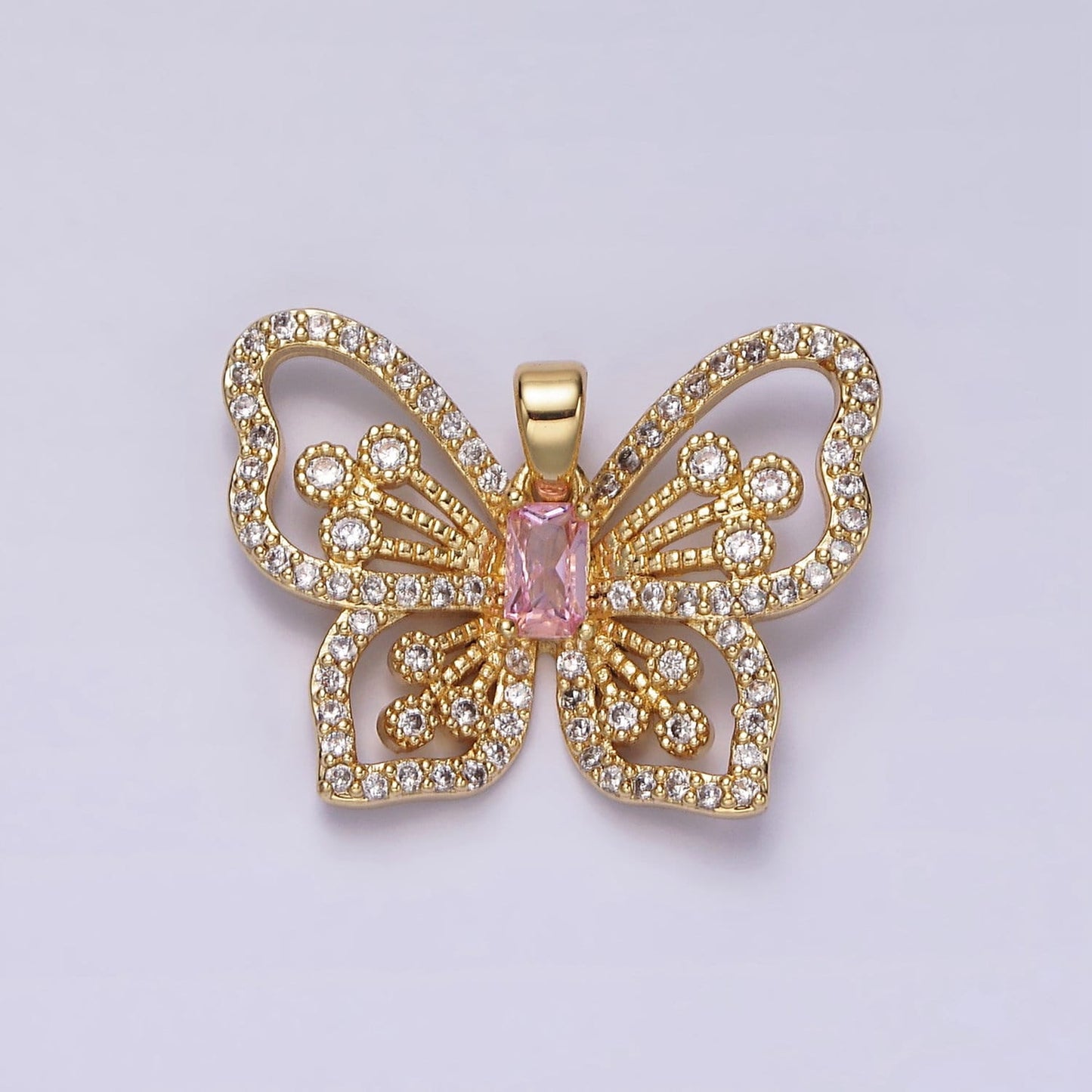 24K Gold Filled Dainty Virgin Mary Butterfly Pendant with Pink CZ Baguette Stone, Monarch Mariposa Charm | AH047