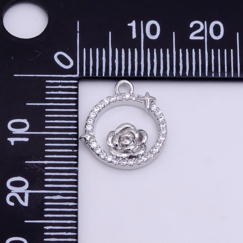 14K Gold Filled Rose Star Open Micro Paved Round Charm in Gold & Silver | W469 W470