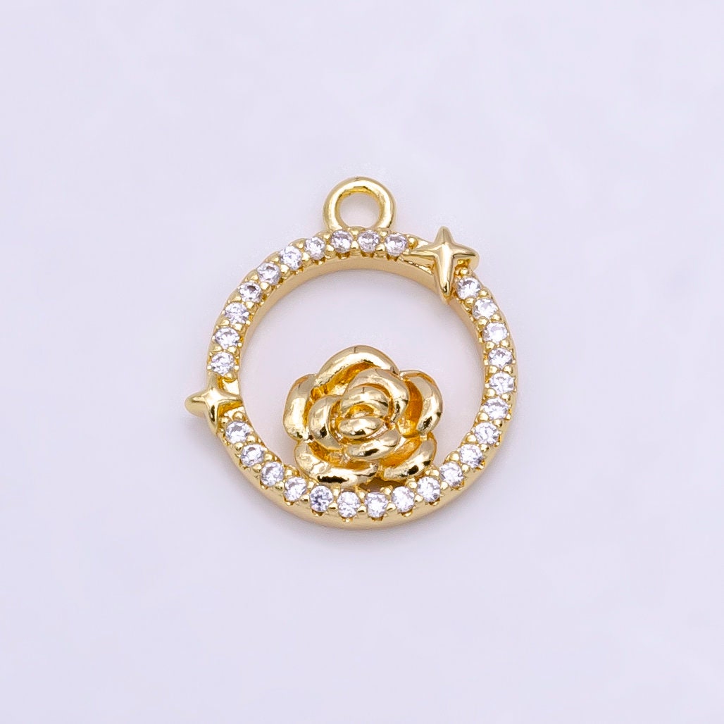 14K Gold Filled Rose Star Open Micro Paved Round Charm in Gold & Silver | W469 W470