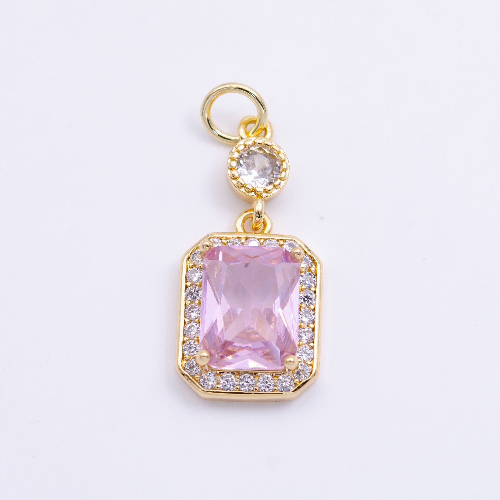 14K Gold Filled Pink Baguette Micro Paved CZ Hexagonal Drop Charm in Gold & Silver | W473 W474