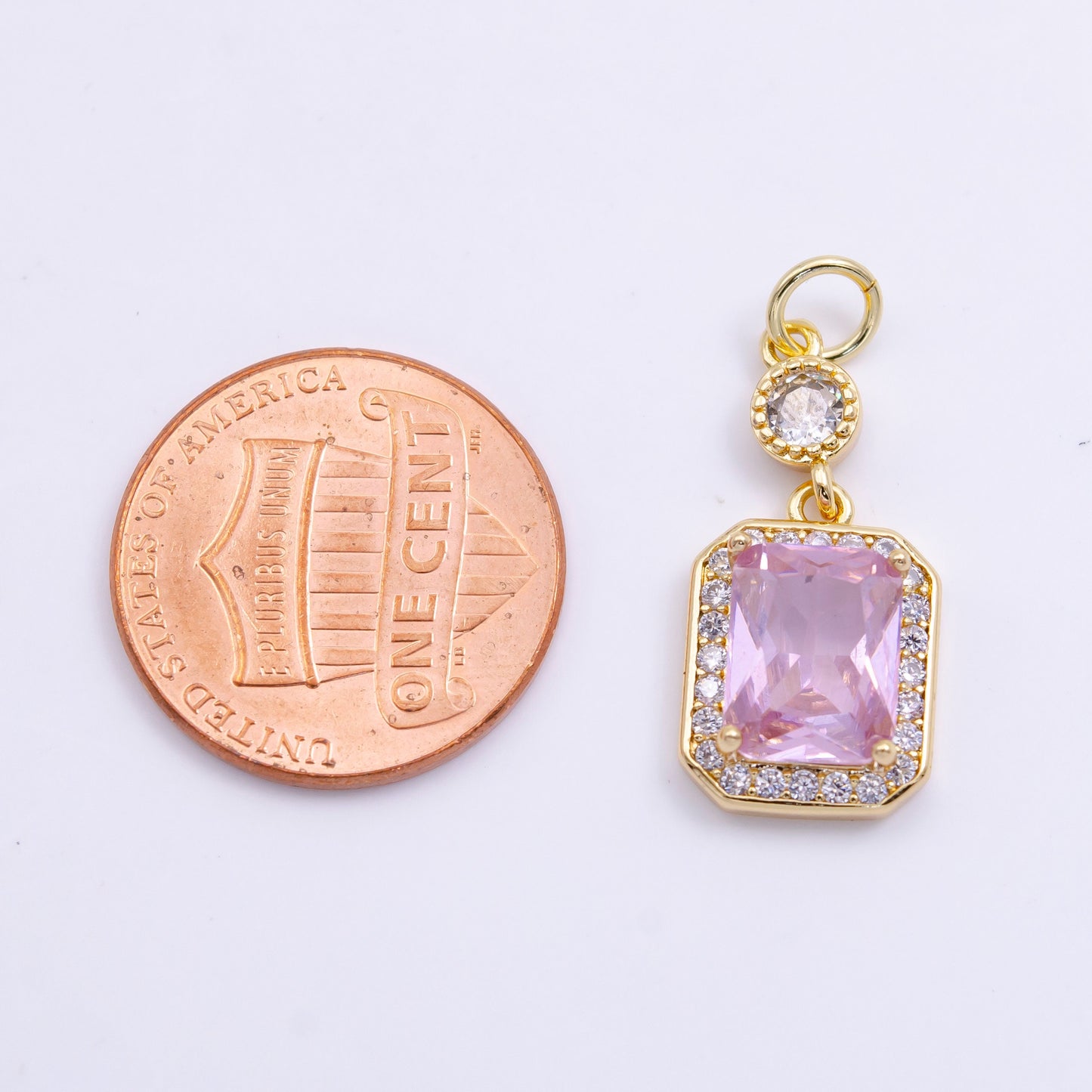 14K Gold Filled Pink Baguette Micro Paved CZ Hexagonal Drop Charm in Gold & Silver | W473 W474