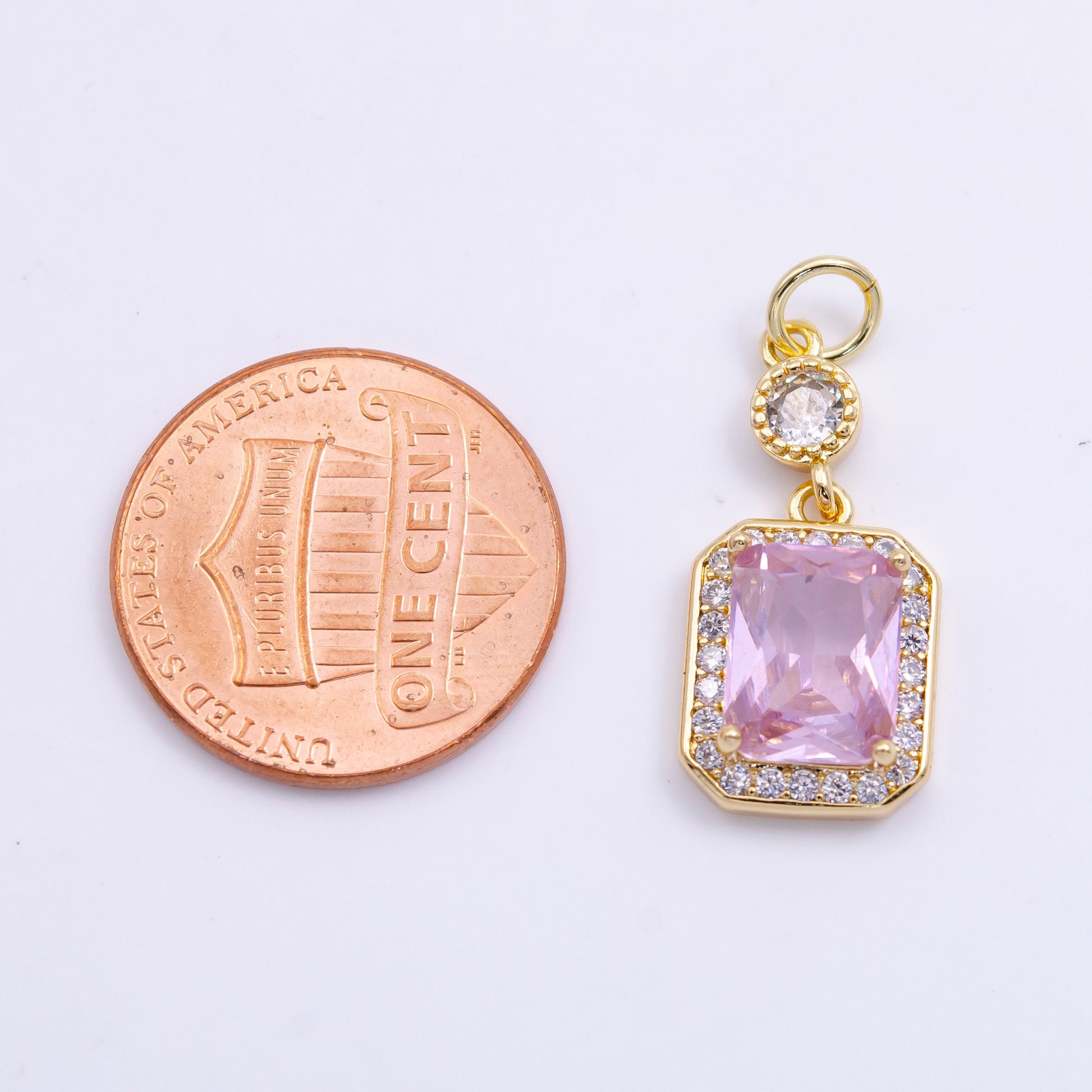14K Gold Filled Pink Baguette Micro Paved CZ Hexagonal Drop Charm in Gold & Silver | W473 W474