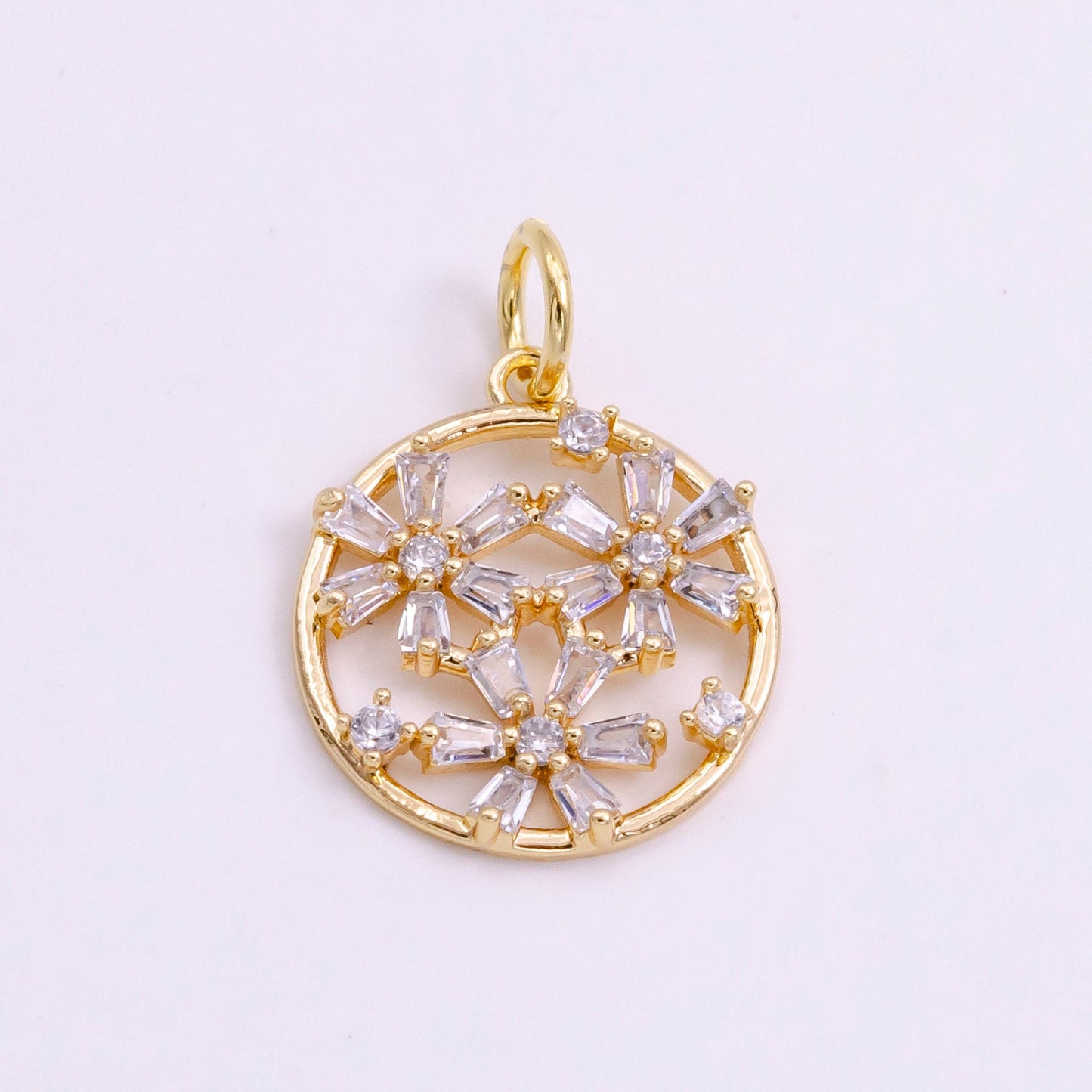 14K Gold Filled Triple Baguette Flowers Open Round Charm in Gold & Silver | W477 W478