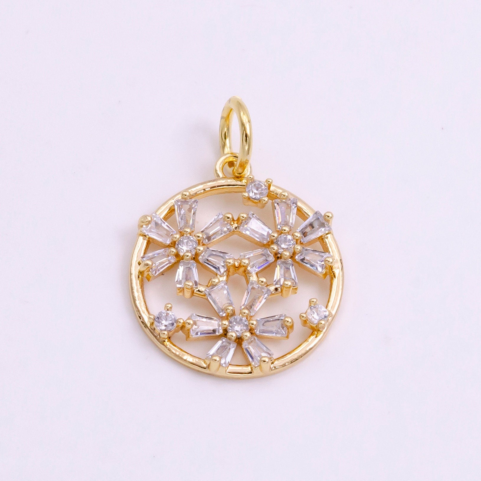 14K Gold Filled Triple Baguette Flowers Open Round Charm in Gold & Silver | W477 W478