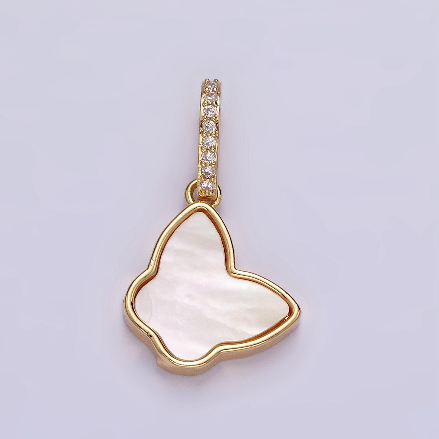 Dainty Gold Pearl Butterfly Pendant, 24K Gold Filled Monarch Charm Shell Pearl Mariposa Butterfly Charm with CZ Bail | AH-054