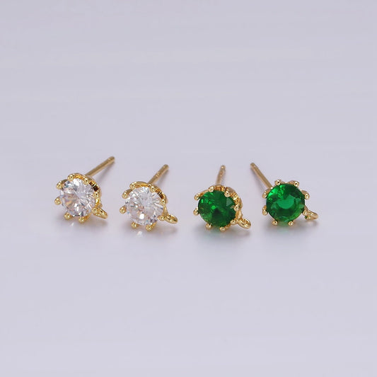 Gold Mini 7mm Round Clear Green CZ Closed Loop Stud Earrings Supply for Charm Earring Component | Z634 Z635