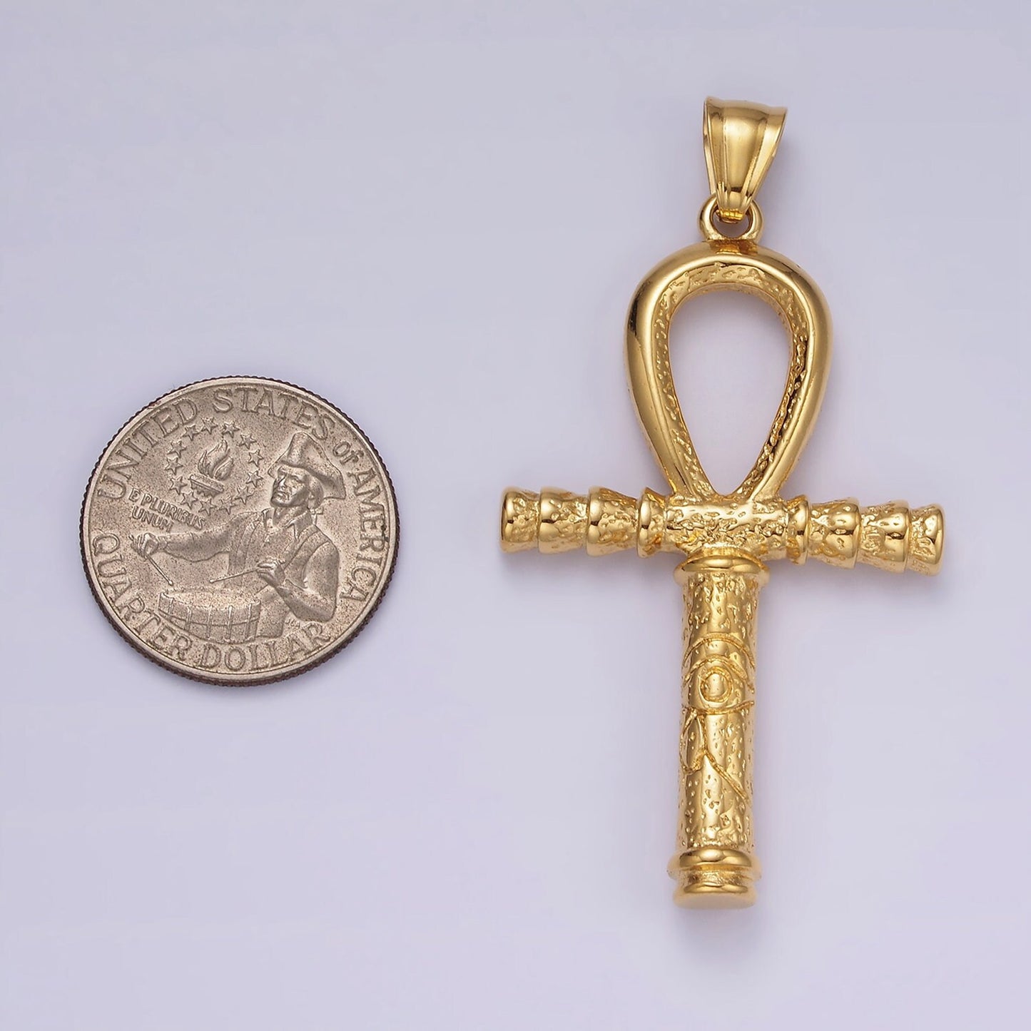 Gold Stainless Steel 64mm Eye of Ra Engraved Egyptian Ankh Cross Pendant | P1066