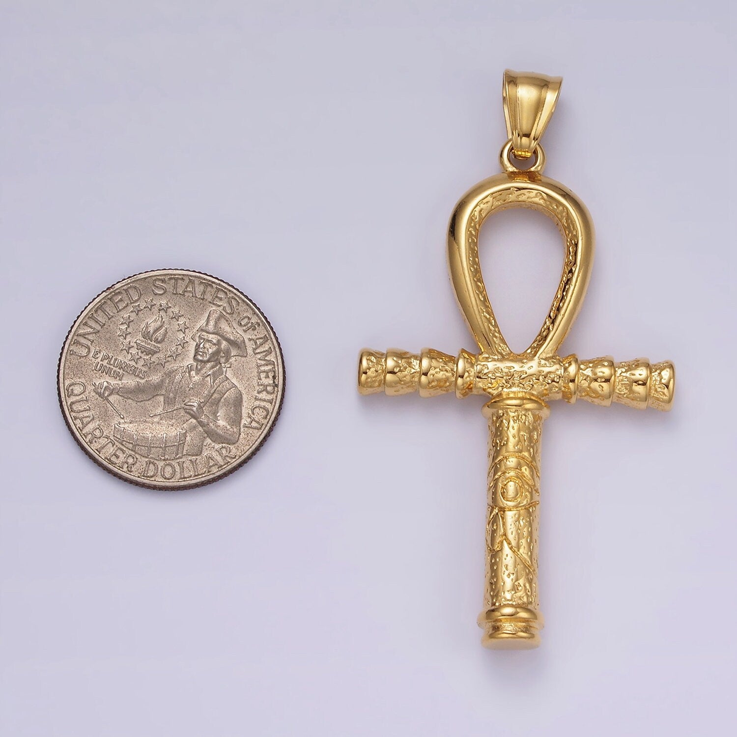 Gold Stainless Steel 64mm Eye of Ra Engraved Egyptian Ankh Cross Pendant | P1066