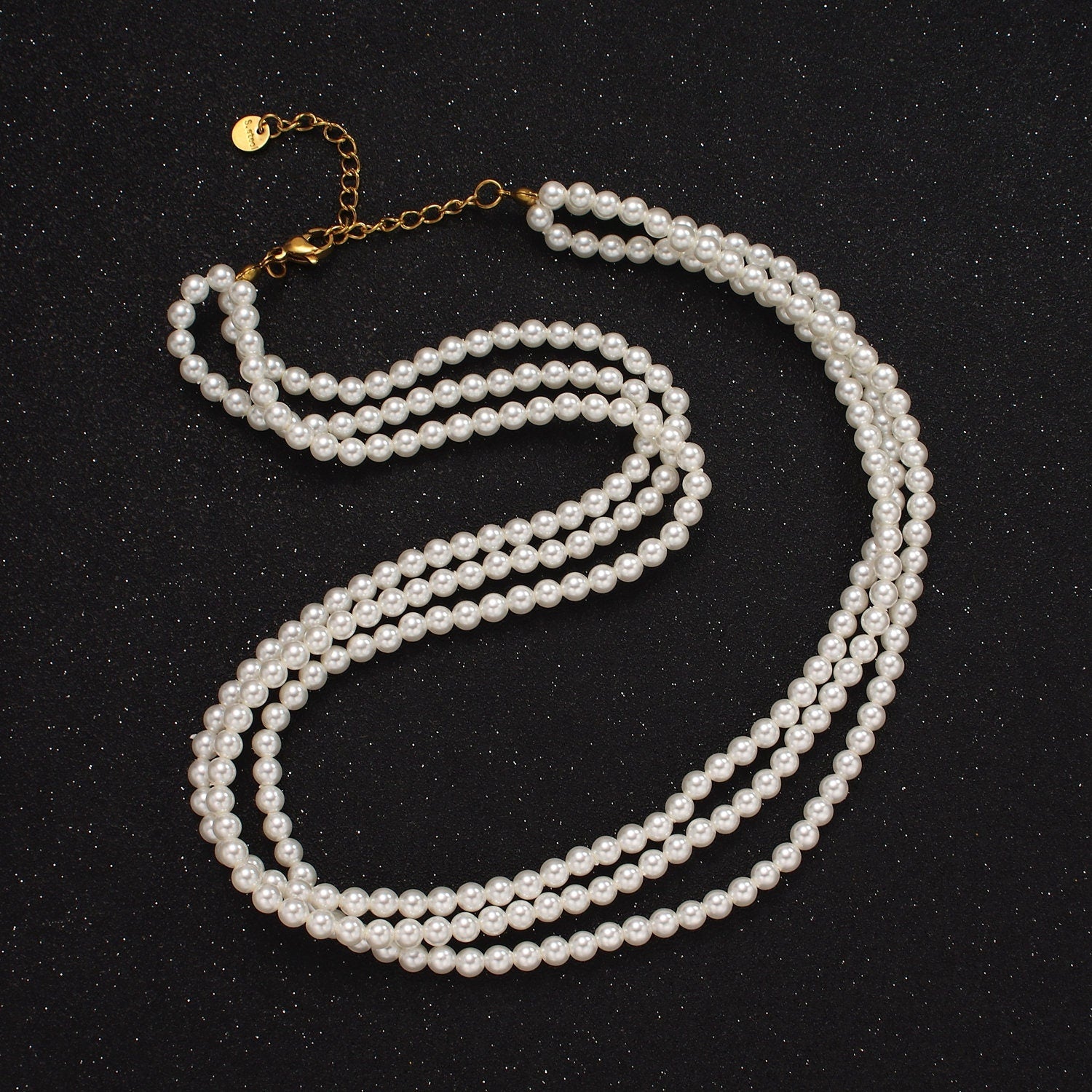 Gold White Pearl Triple Layer Round Shell Pearl 17 Inch Layering Necklace with Extender for Bridal Jewelry Inspired Pearlcore | WA-2318