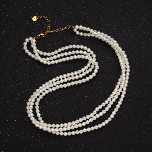 Gold White Pearl Triple Layer Round Shell Pearl 17 Inch Layering Necklace with Extender for Bridal Jewelry Inspired Pearlcore | WA-2318