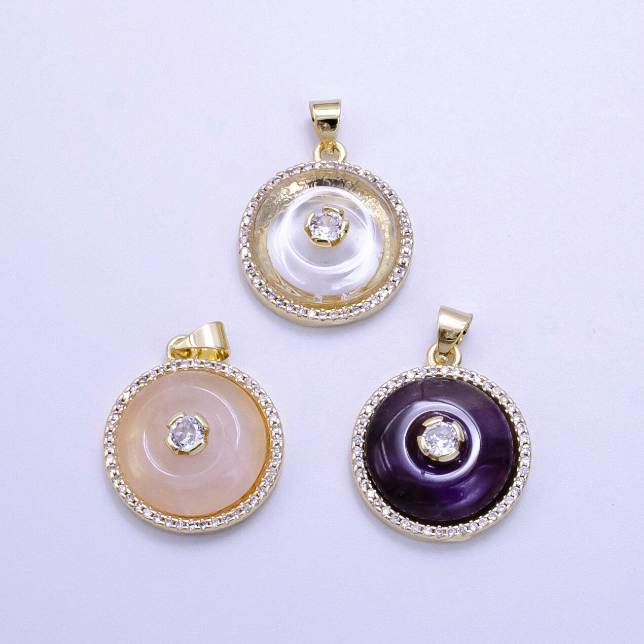 14K Gold Filled Mini Gemstone Donut Clear Quartz, Rose Quartz ,Amethyst Stone with Clear CZ Bezel Pendant Necklace Charm | AG355 AG356