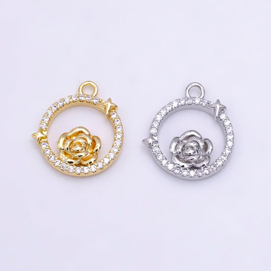 14K Gold Filled Rose Star Open Micro Paved Round Charm in Gold & Silver | W469 W470