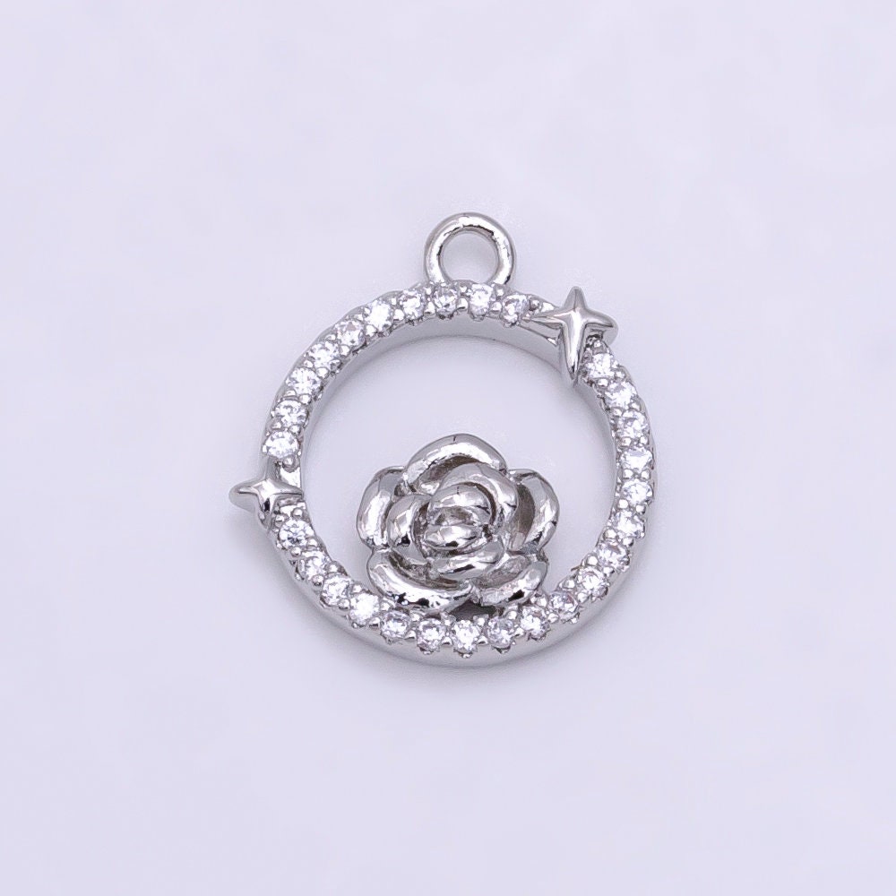 14K Gold Filled Rose Star Open Micro Paved Round Charm in Gold & Silver | W469 W470